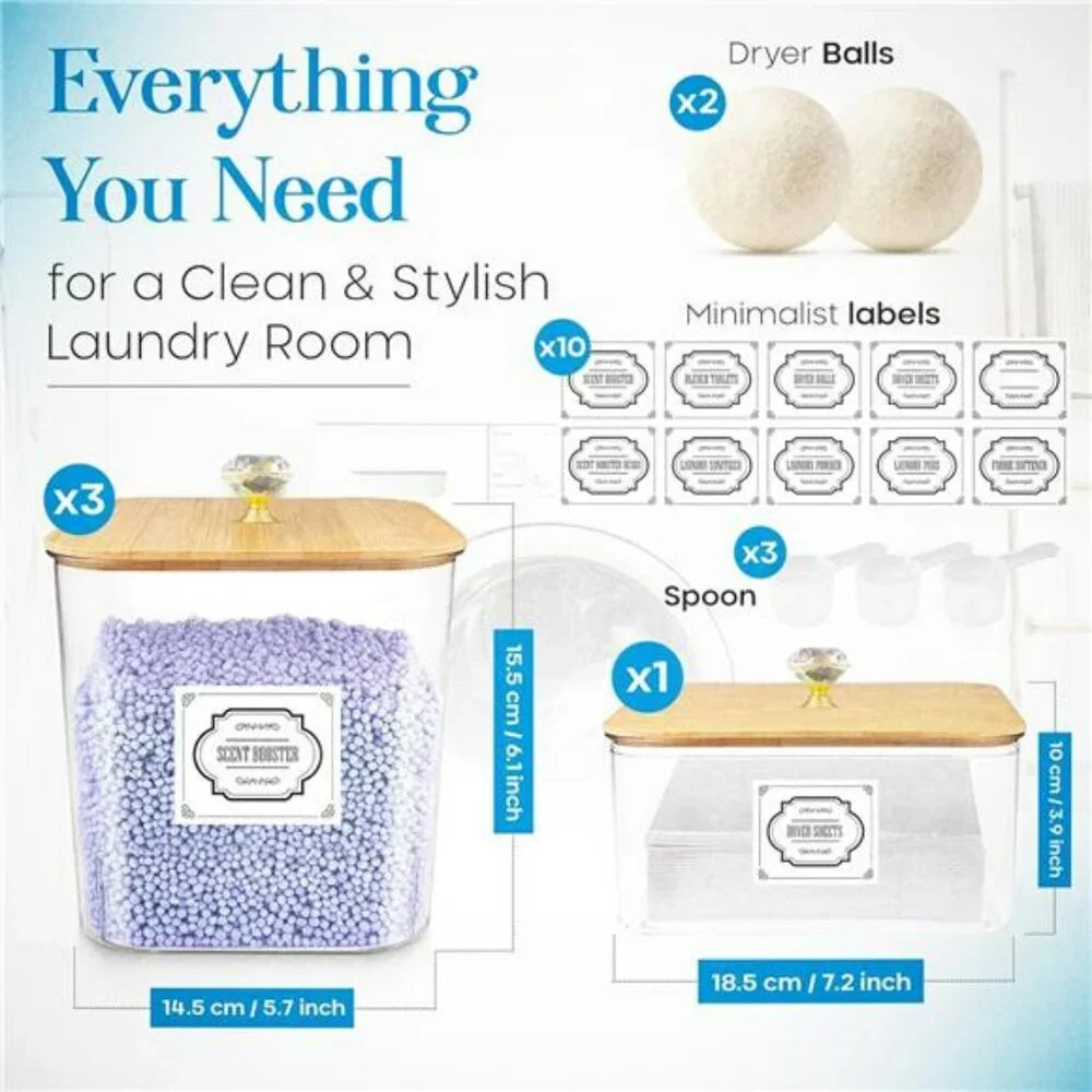 Laundry detergent dispenser set with pods container dryer sheet holder storage